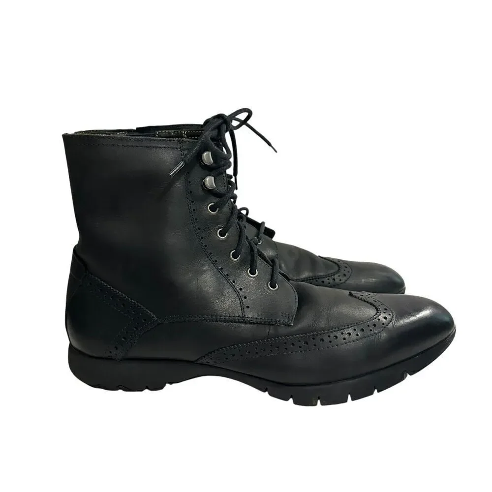 Hush Puppies Mens Black Leather Wingtip Combat Boots Vibram Sole Size 13 H103421